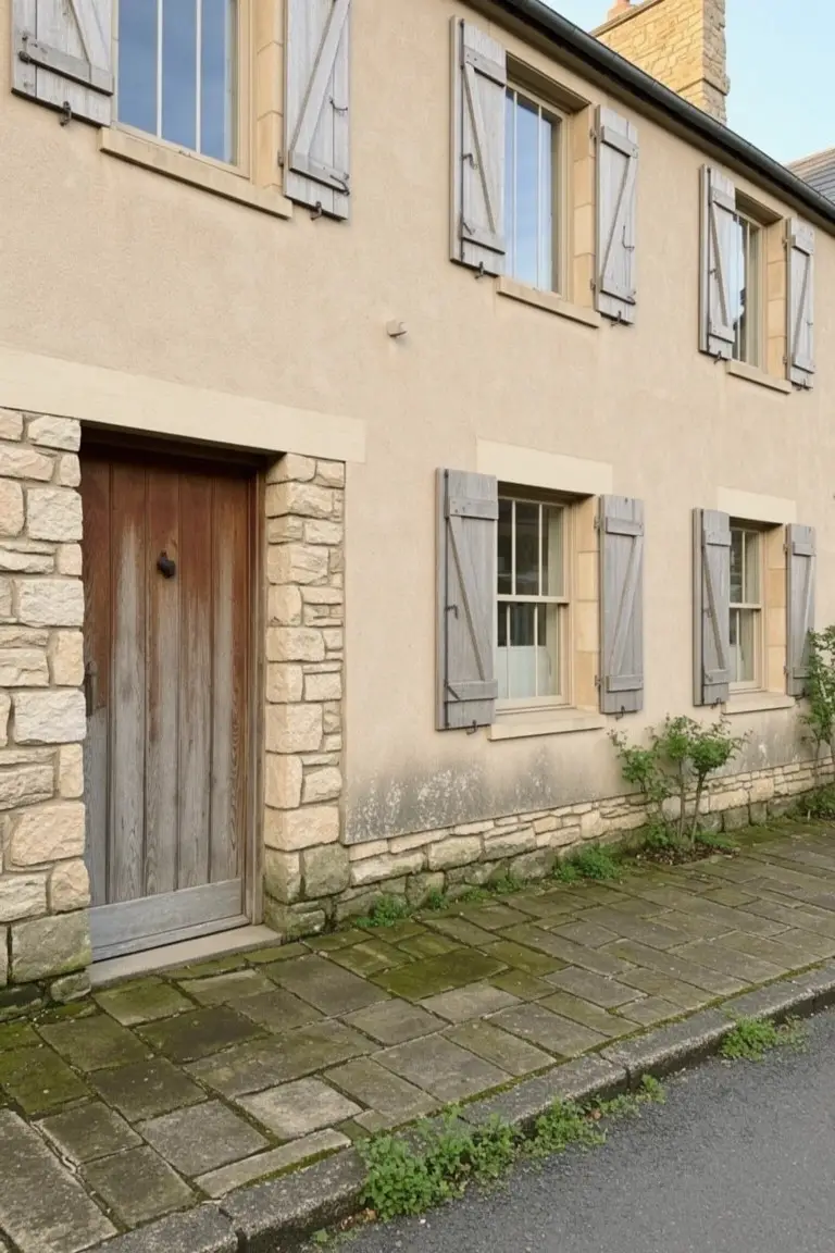 Warm beige house exterior with stone base, weathered wood door, and louvered shutters