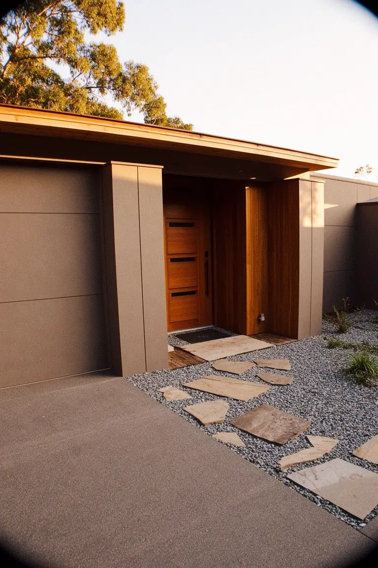 Modern house exterior painted in warm greige with vertical siding, wood entry door, and stone pathway
