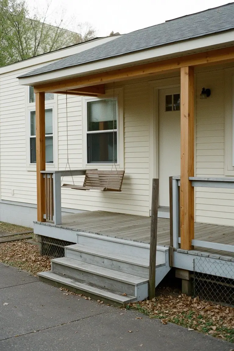 Mobile home exterior with warm off-white siding, wooden porch swing, and natural accents under overcast sky