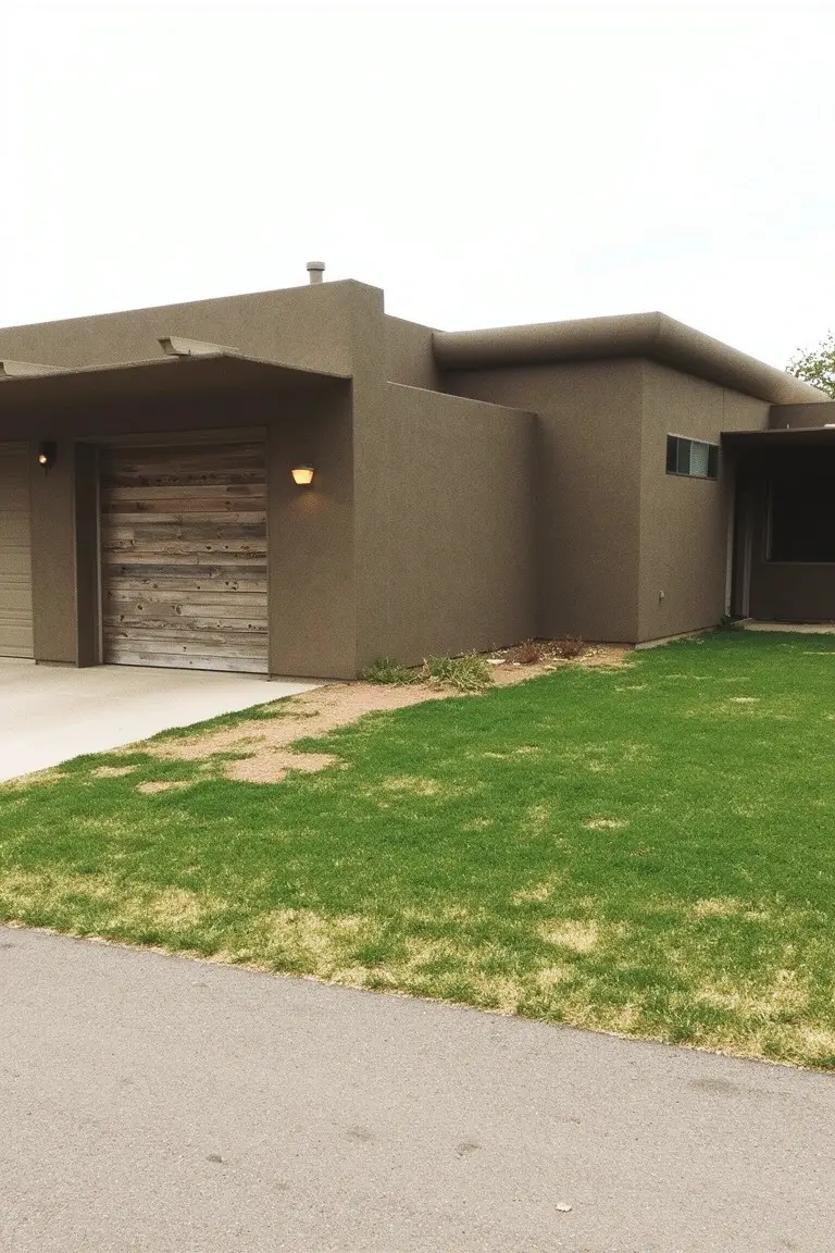 Modern home exterior in warm taupe stucco with wooden garage door, landscape lighting, and green lawn edging the driveway