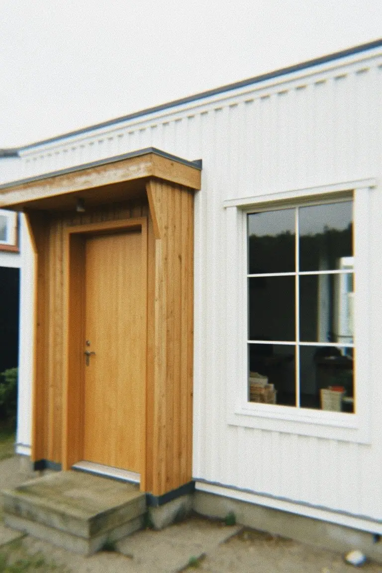 Small modern home exterior with crisp white siding, warm wood door and trim, and a large window beside the entry
