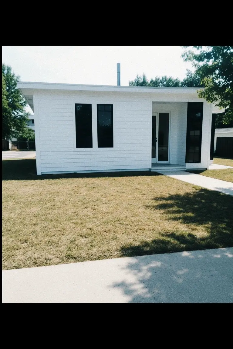 Small modern home with crisp white clapboard siding, black-framed windows and door, on a grassy yard with trees