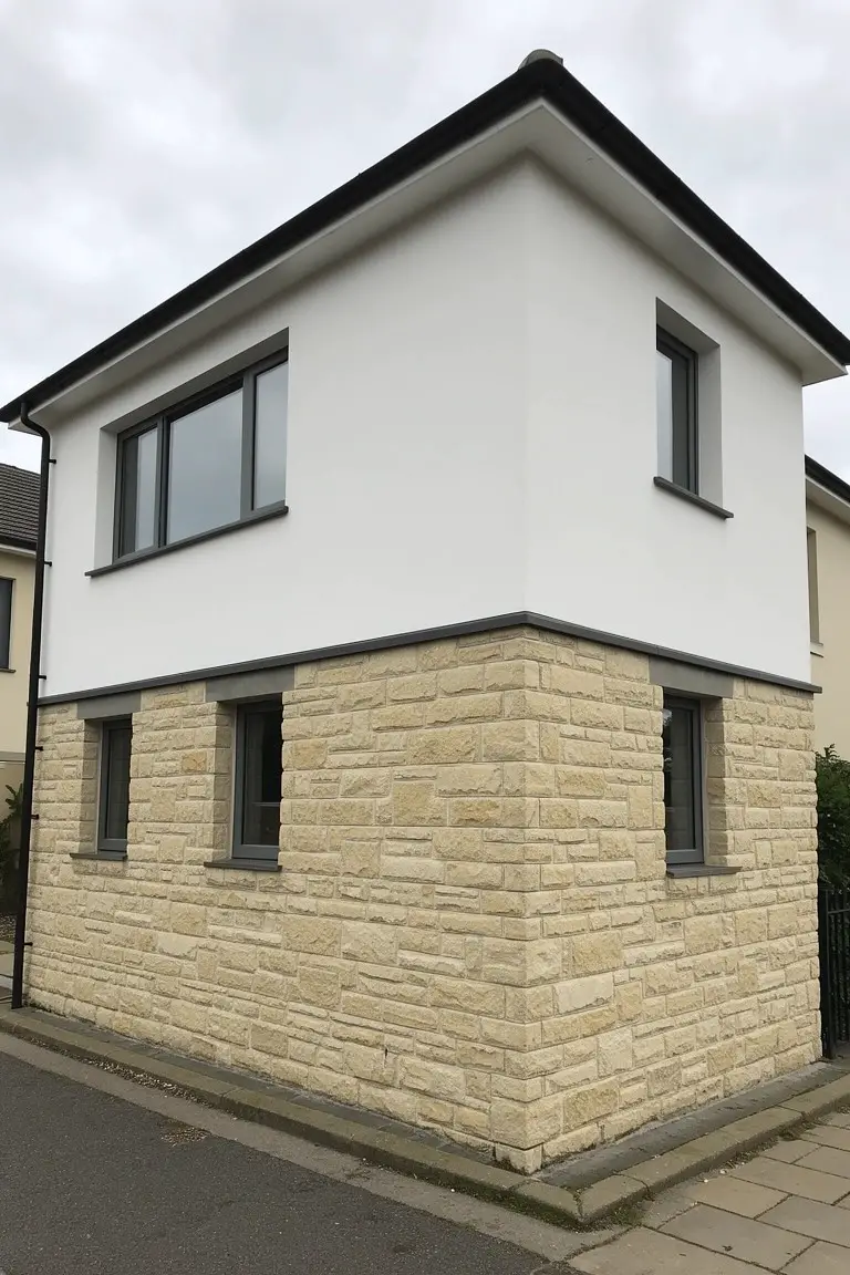 Crisp white painted walls contrasting beige stone base on a small modern home exterior
