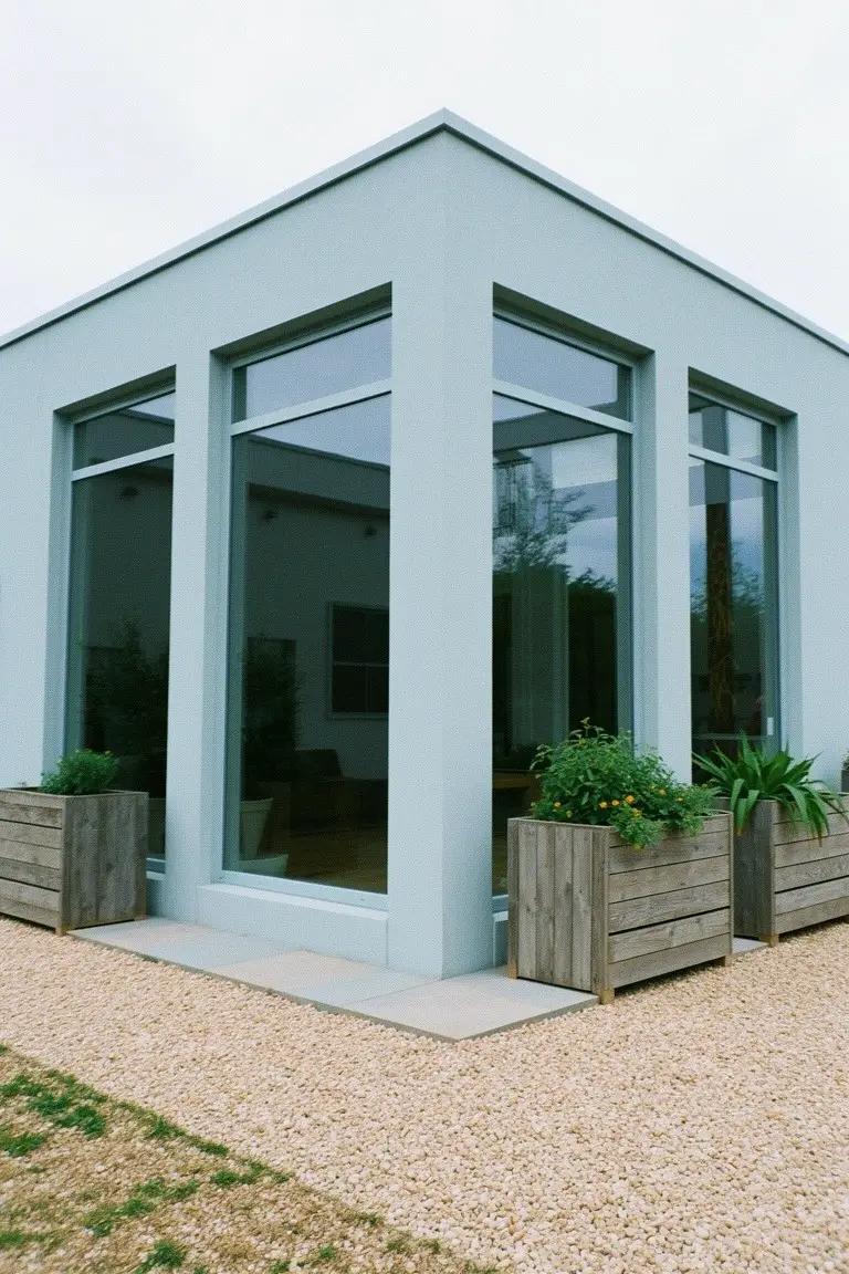 Small modern home corner painted pale blue-green with large glass windows, wooden planters, and gravel path