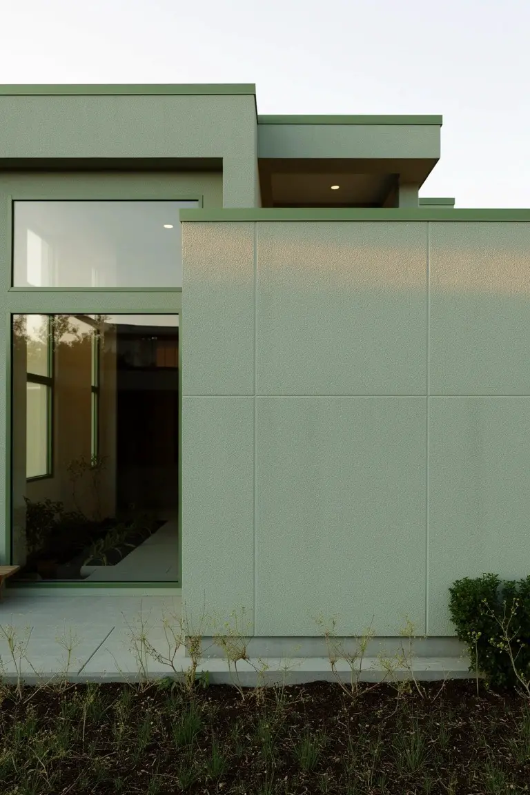 Pale sage green exterior walls on a modern small home with large windows and wood trim