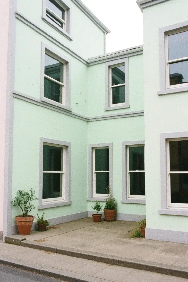 Corner of a small pale green house with white window frames and potted plants on the pavement