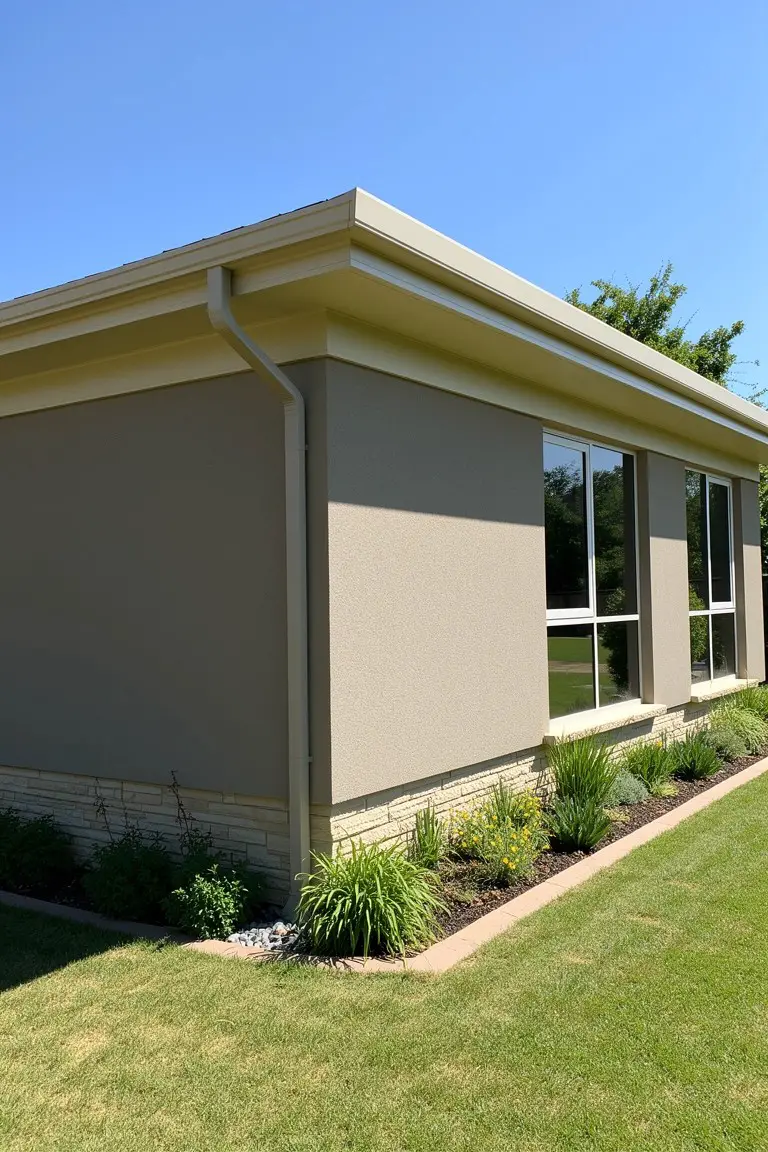 Small home exterior painted in warm greige with large windows, white trim, stone base, and low plants along the edge