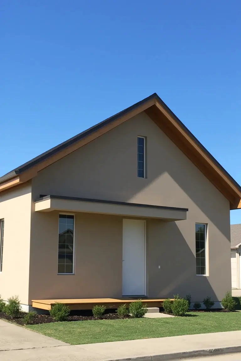 Small modern home with warm greige walls, dark roof, white door, and wood accents under blue sky