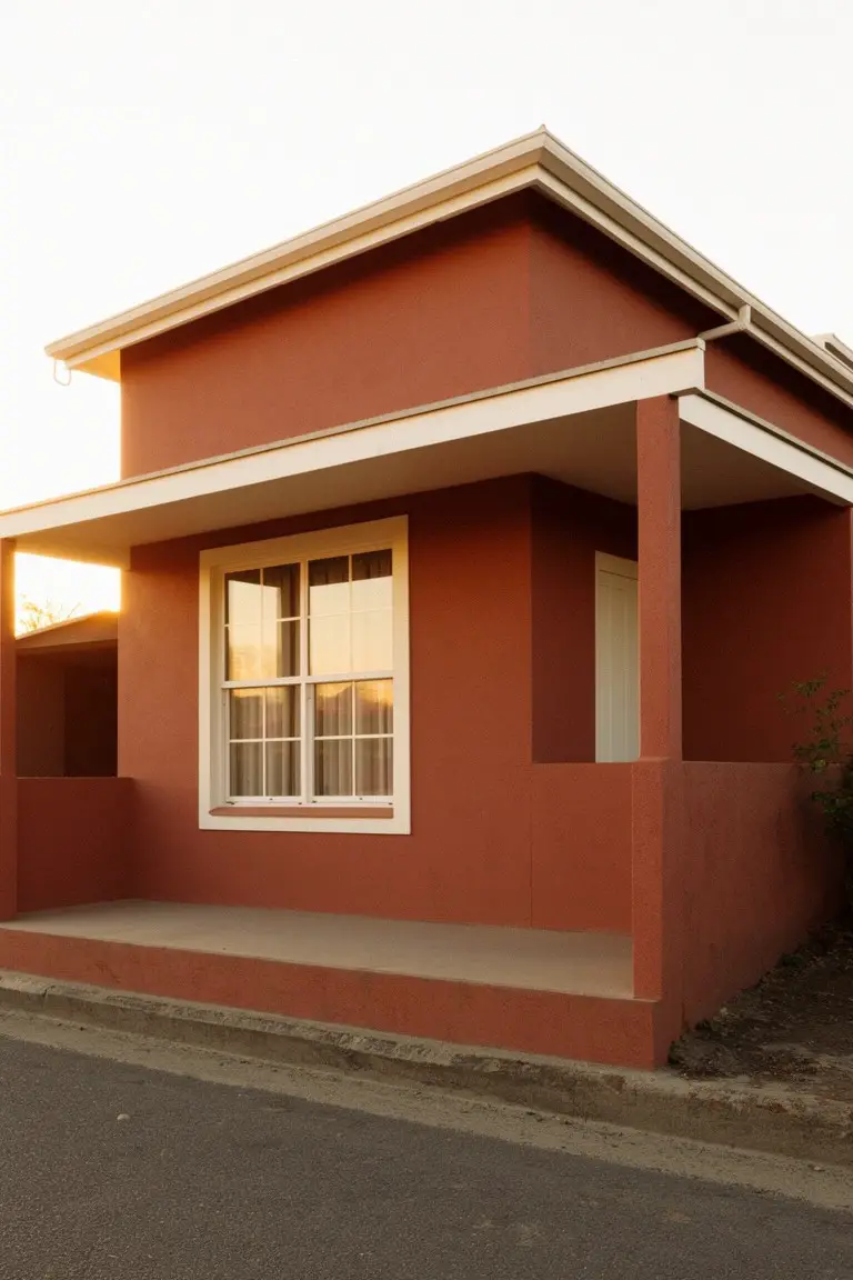 Small corner house painted in warm terracotta with white trim and roofline