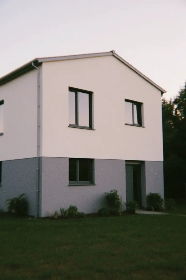 Small modern house with white upper walls and cool medium gray base, black-framed windows and door, simple front plants on green lawn