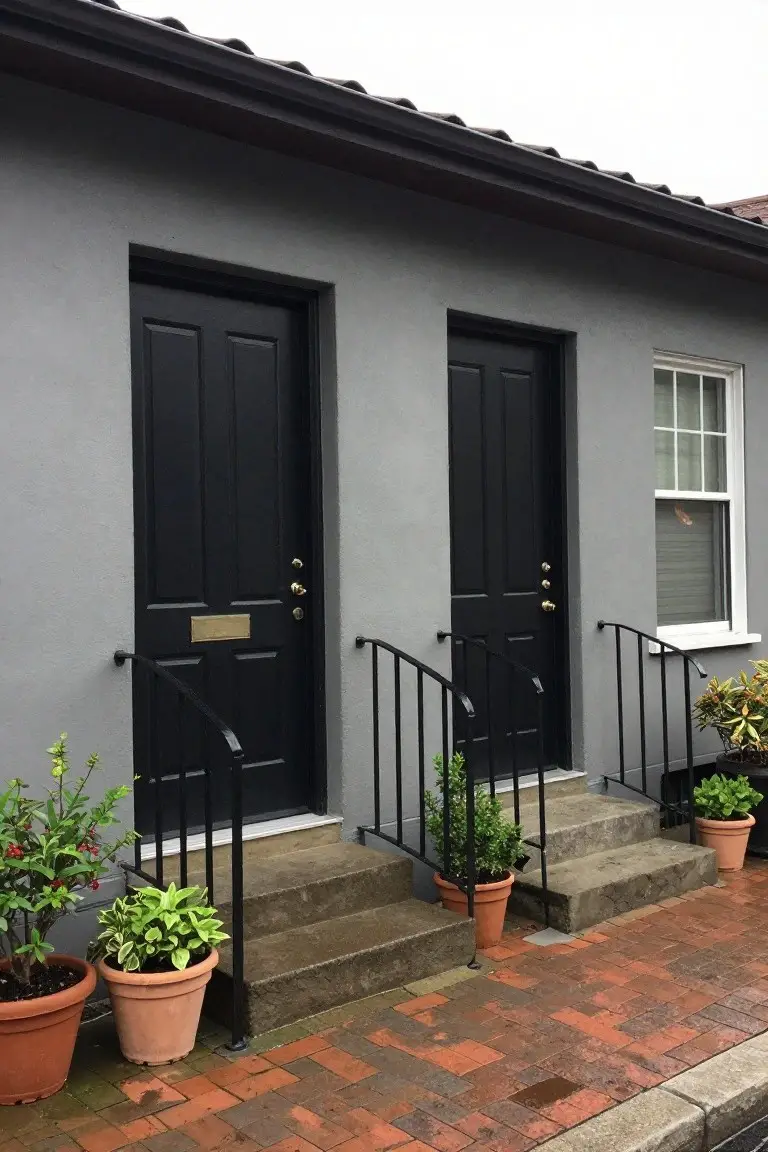 Charcoal gray house exterior with two black front doors, iron railings, potted plants, and brick walkway