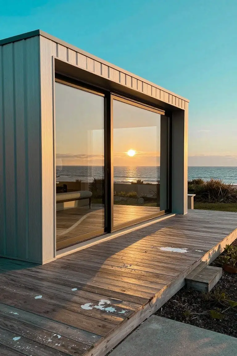 Modern cool gray pod house with sliding glass doors on a wooden deck overlooking the ocean at sunset