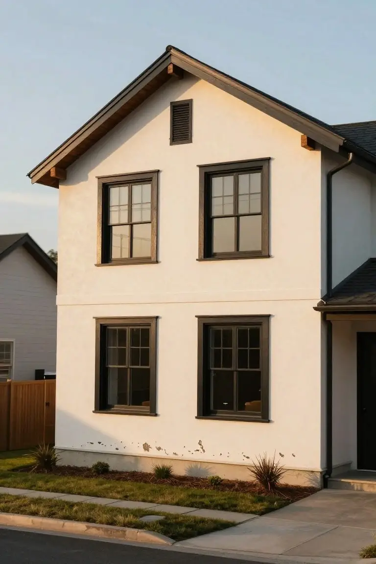 Crisp white house siding with black window trim and dark roof accents