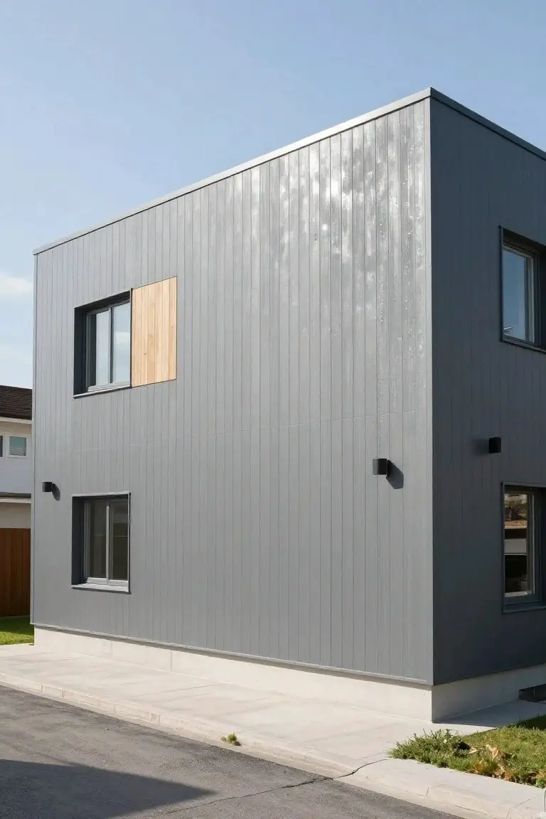 Modern gray house with vertical siding, wood-framed windows, and simple landscaping
