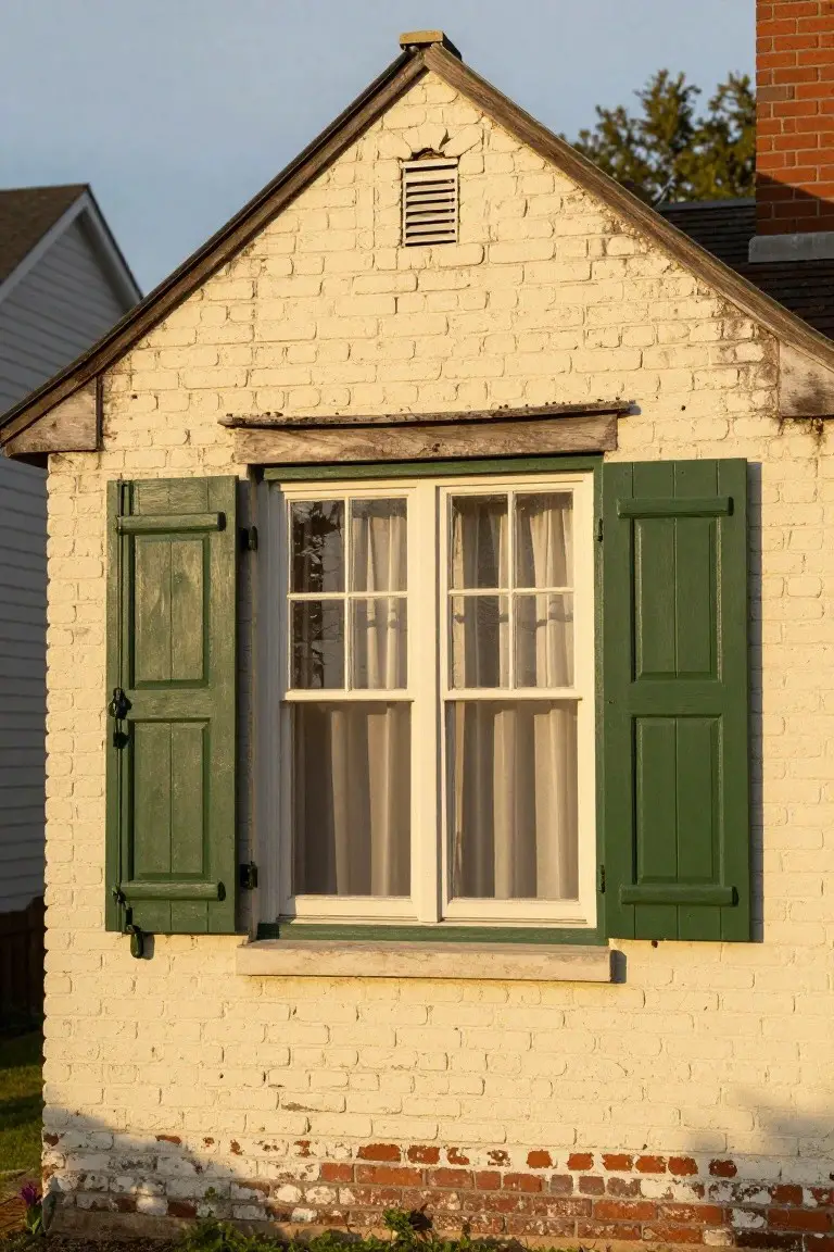 Small cream brick house exterior featuring dark green shutters on a double window with white curtains visible inside