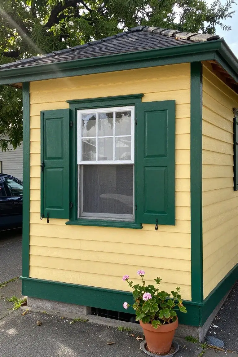 Small yellow shed with green shutters and trim under a tree, potted pink flowers nearby