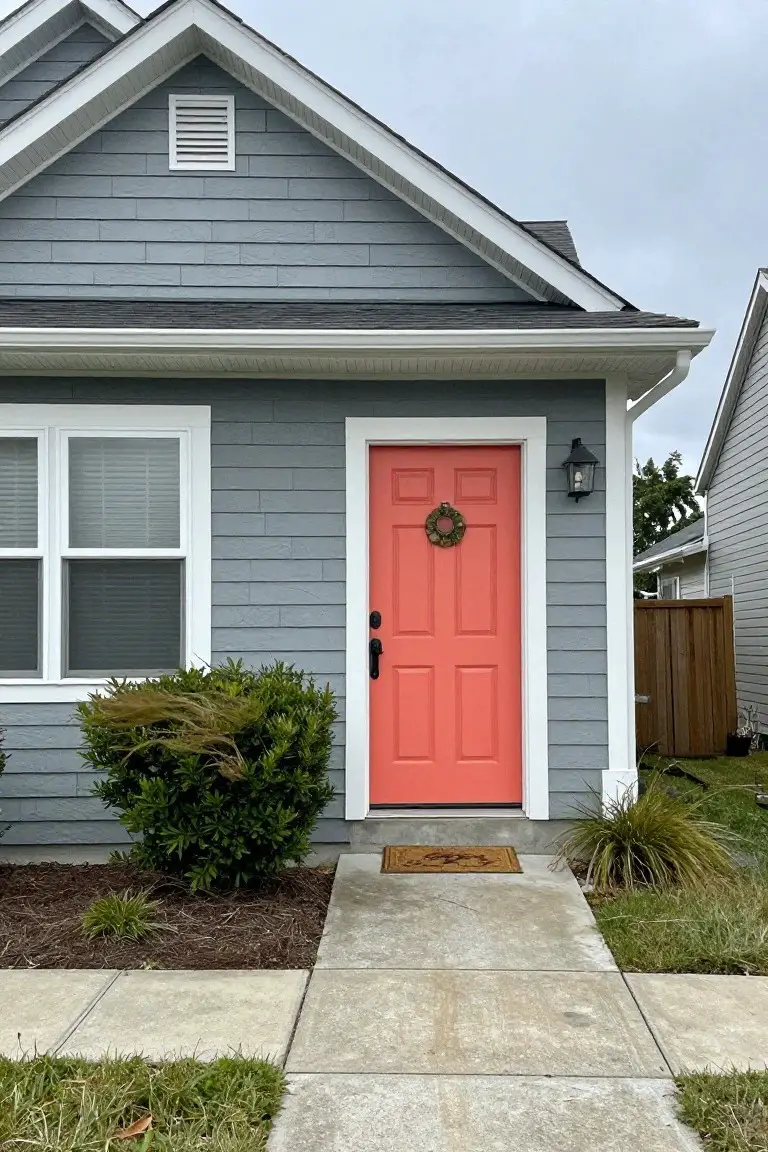 Light gray shingle house exterior with orange front door, white trim, and shrubs