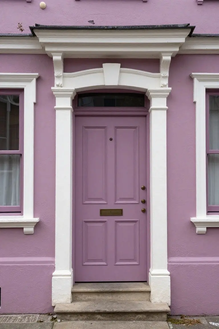 Soft mauve painted terraced house exterior with white trim, purple door, and classic pediment