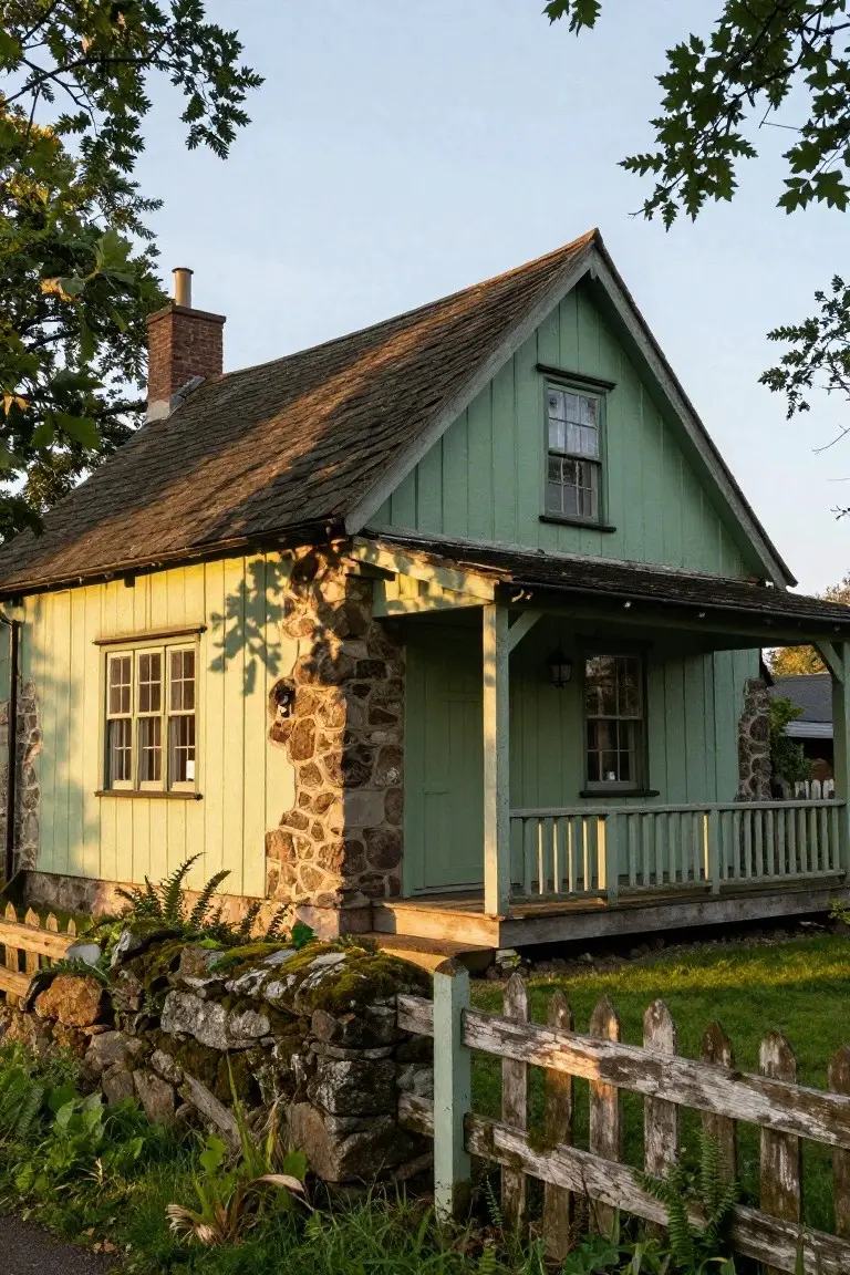 Cottage house exterior in soft sage green paint with stone base, wooden porch, and picket fence