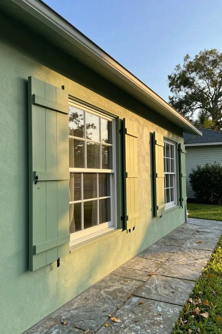 House exterior in soft sage green with matching shutters, white window frames, and a concrete walkway