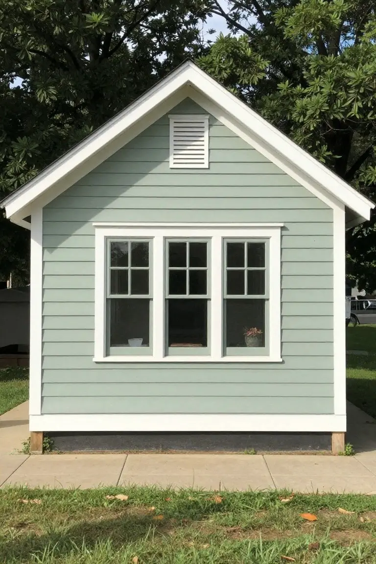 Small seafoam green house with white trim, gable vent, and triple window under trees