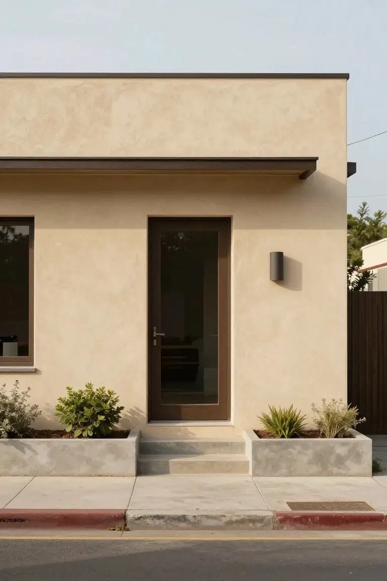 Modern stucco home exterior in warm beige with dark wood door, concrete steps, and potted plants