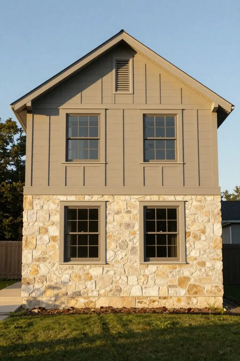 Two-story house exterior with warm greige board-and-batten siding over beige stone base