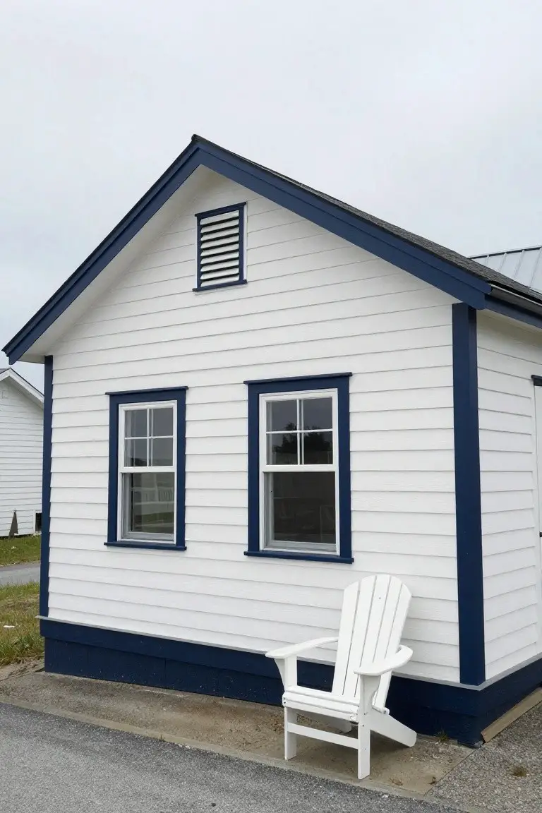 Crisp white clapboard house with navy blue trim around windows and base, white Adirondack chair out front