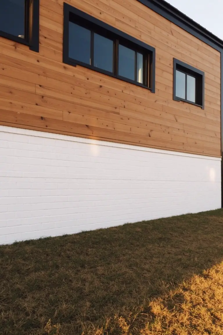 Modern house with crisp white brick base contrasting warm wood siding and black window frames