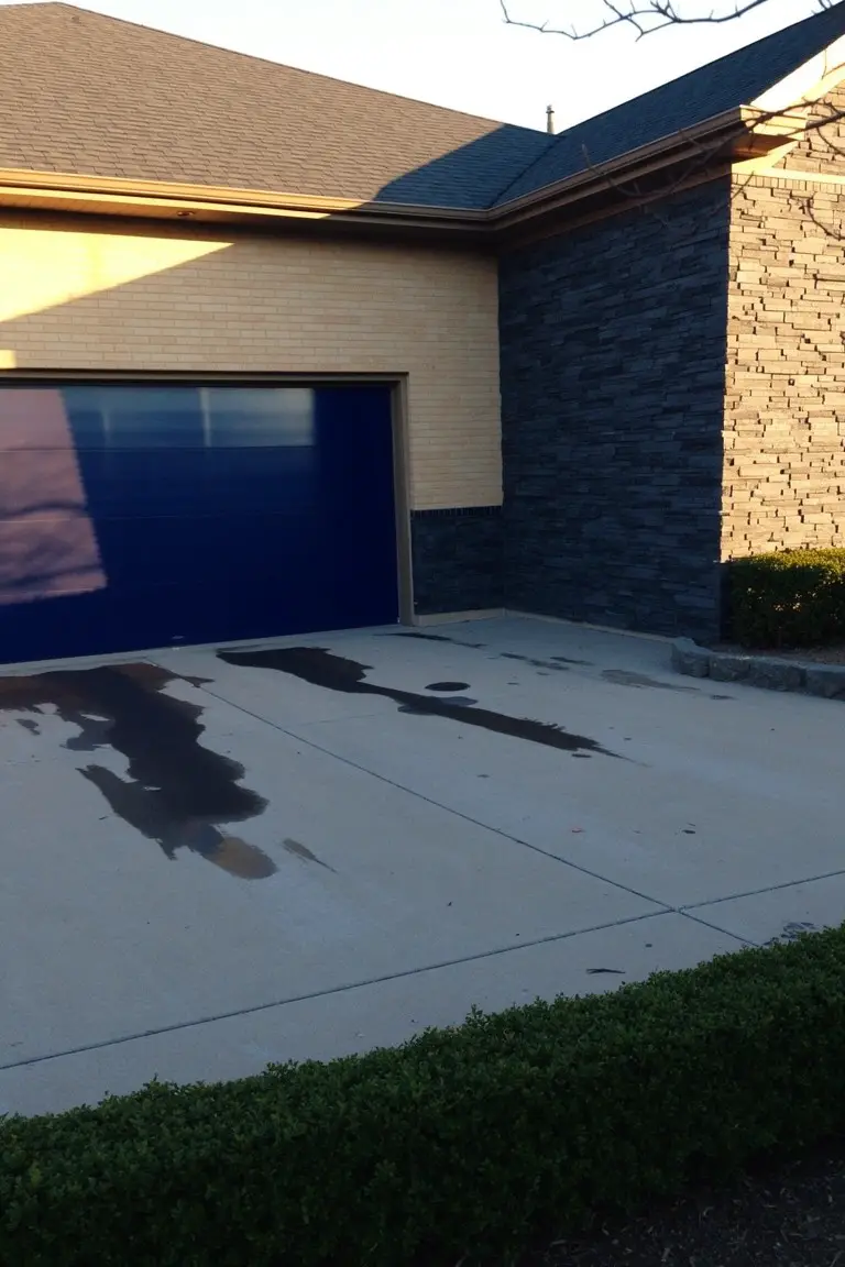Tan brick house exterior with deep blue garage door, dark stone corner, and concrete driveway