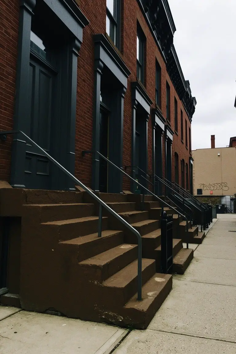 Brick row houses with deep green painted doors and trim, metal railings on brownstone steps, sidewalk in front