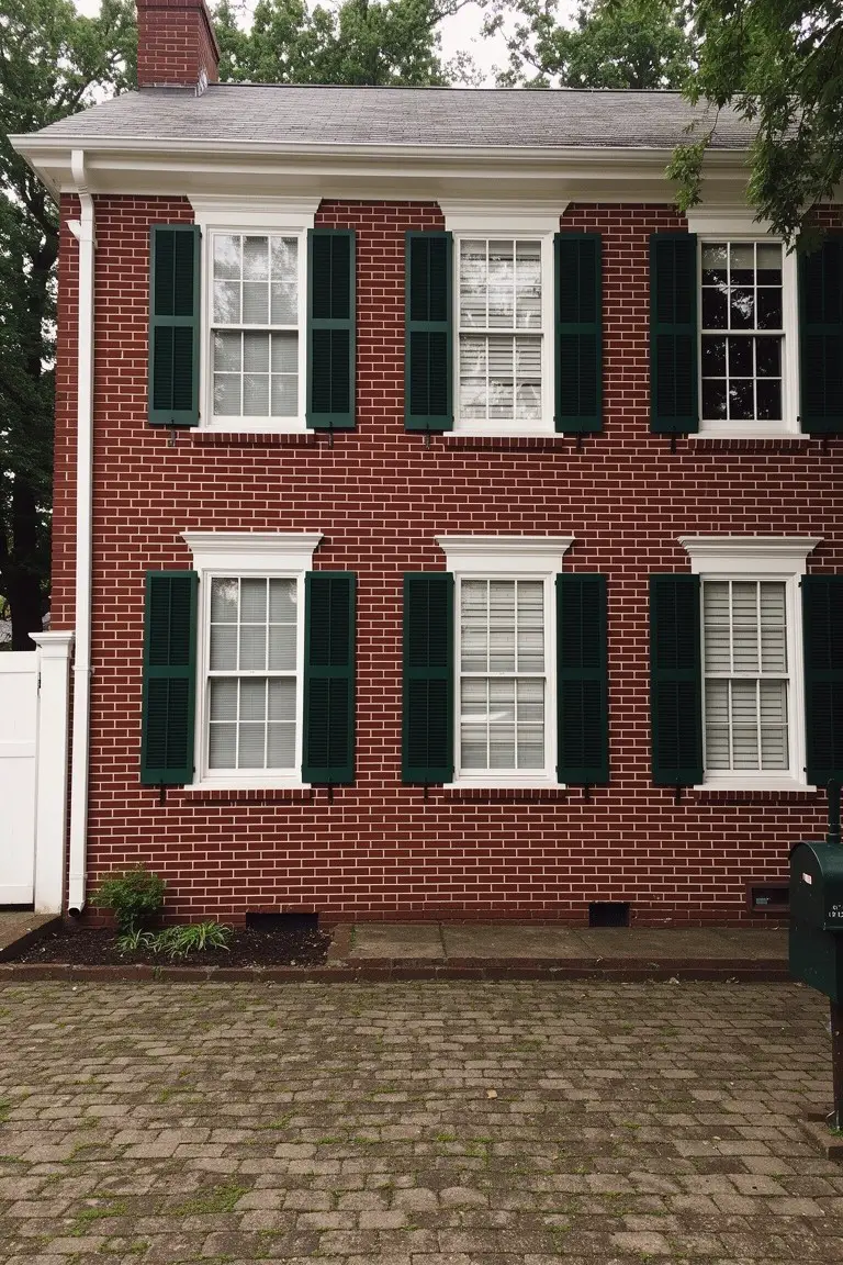 Red brick house with dark green shutters and white window trim on a paver driveway