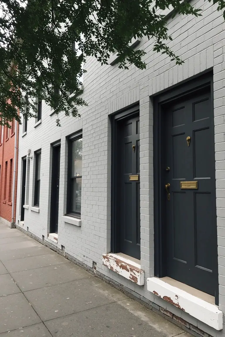 Light gray brick townhouses with deep navy front doors and brass hardware, creating strong contrast along a sidewalk