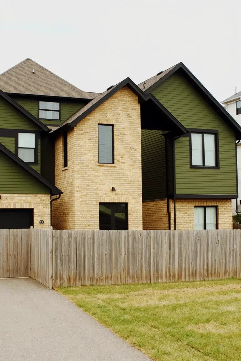 House exterior featuring muted sage green siding paired with beige brick and black trim accents