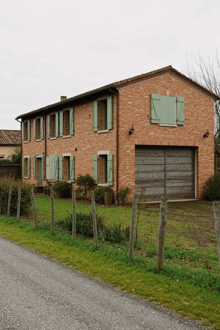 Brick exterior home with soft sage green shutters and wooden garage door