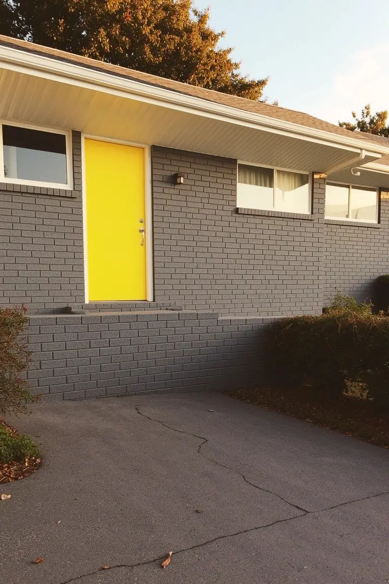 Gray brick house exterior featuring a vibrant yellow front door against white trim and subtle landscaping