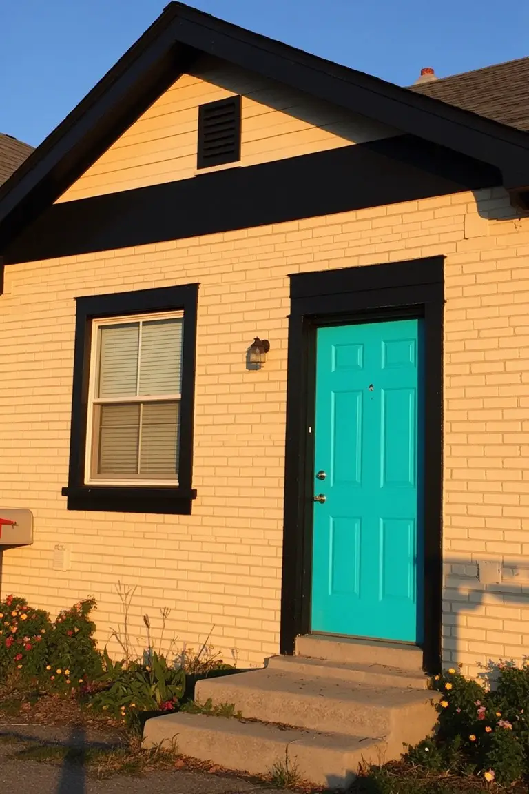 Beige brick house with black trim and a vibrant turquoise front door at sunset