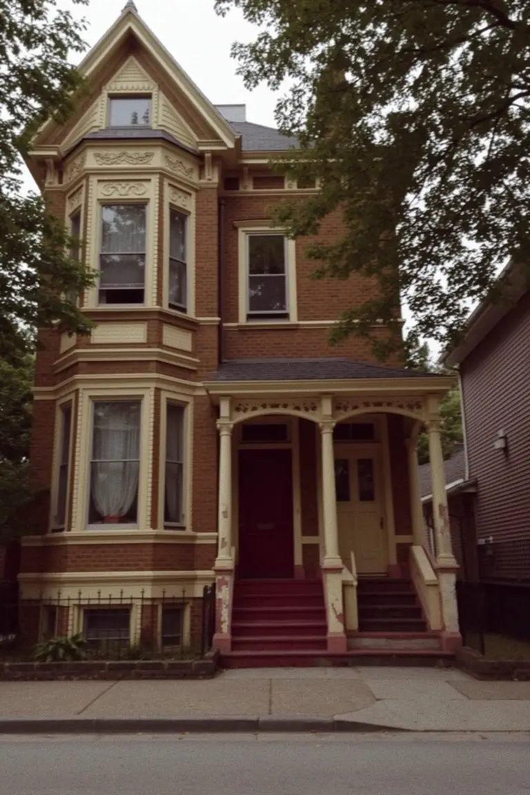 Two-story brick Victorian house with warm cream trim, red front door, and porch steps