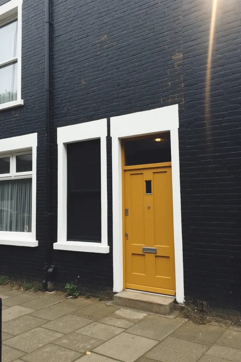 Dark brick house exterior featuring a vibrant mustard yellow front door with white trim and window frames