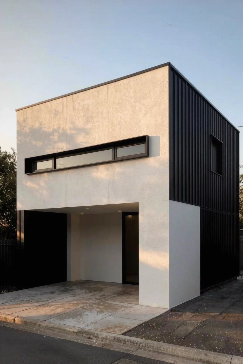 Modern boxy house exterior with creamy white plaster walls contrasted by matte black vertical siding panels and a recessed entry