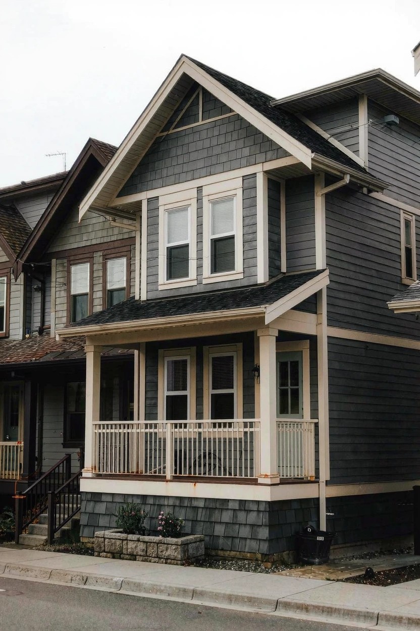 Cool medium gray shingle siding on Craftsman-style house with white trim porch and dark roof shingles
