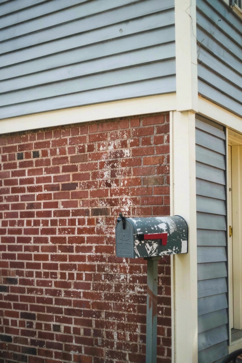 Cool gray house siding paired with red brick base and white trim
