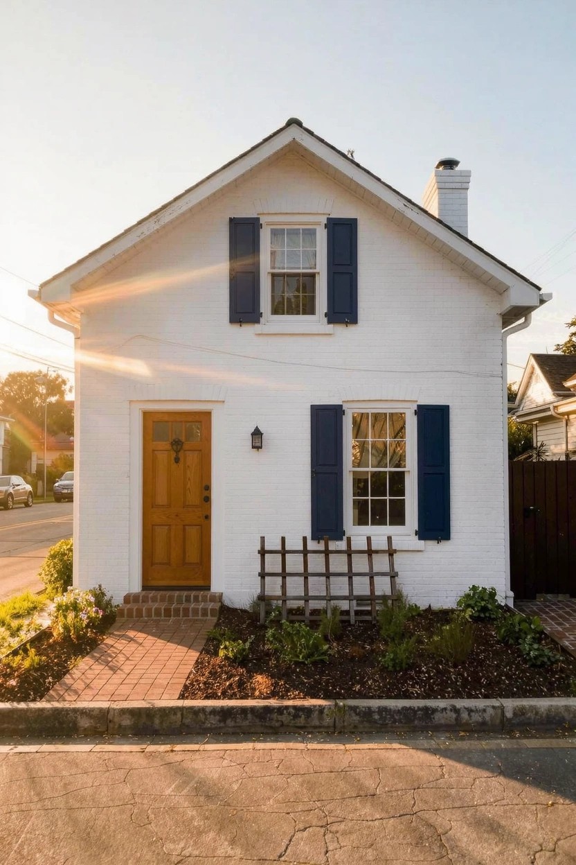 Crisp white house siding with blue shutters and orange door, brick path and garden bed in front