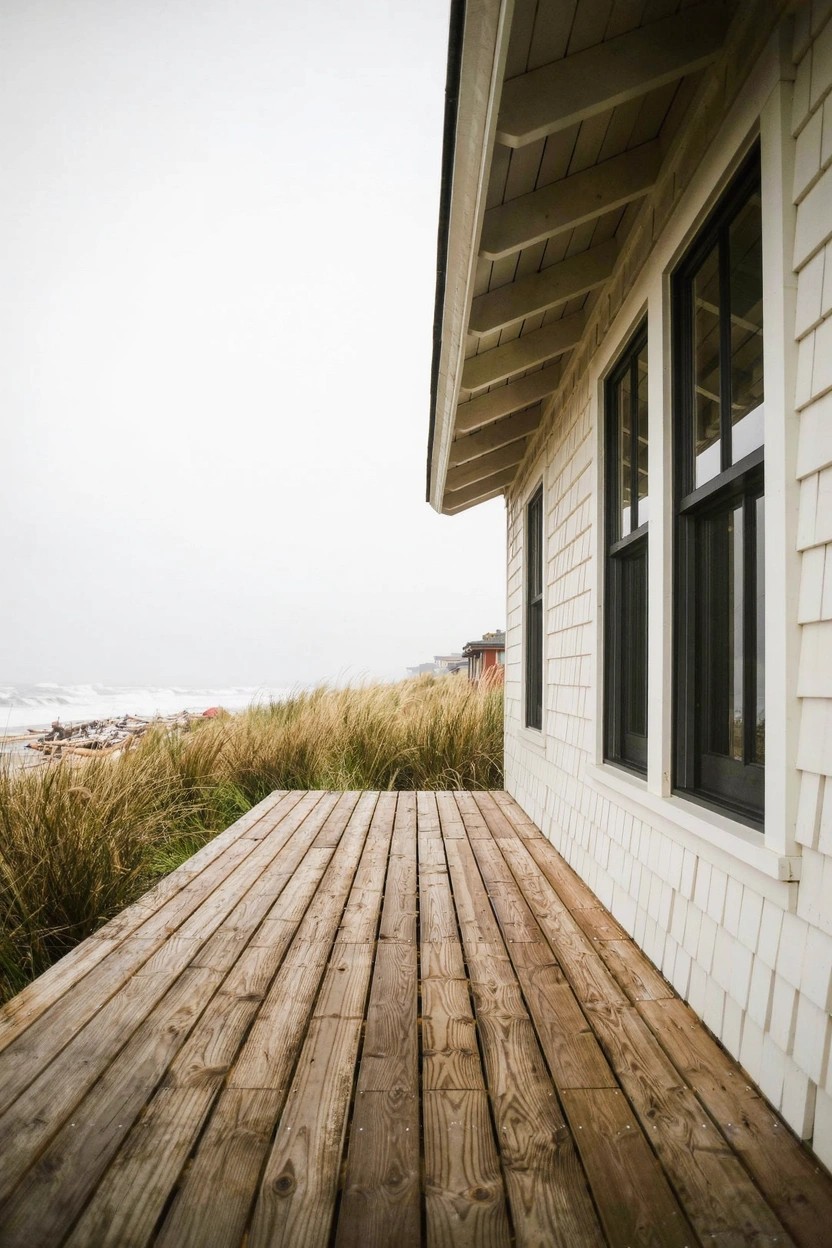 Crisp white shingle siding on a beach house with black window frames and a wooden deck by tall dune grass
