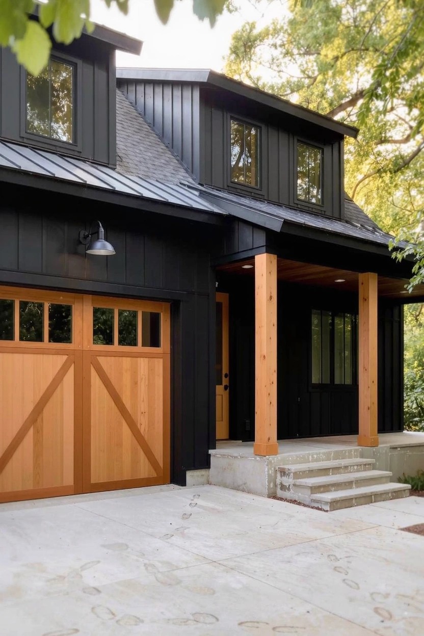 Black board-and-batten siding house with wood garage door, timber porch posts, and standing seam roof