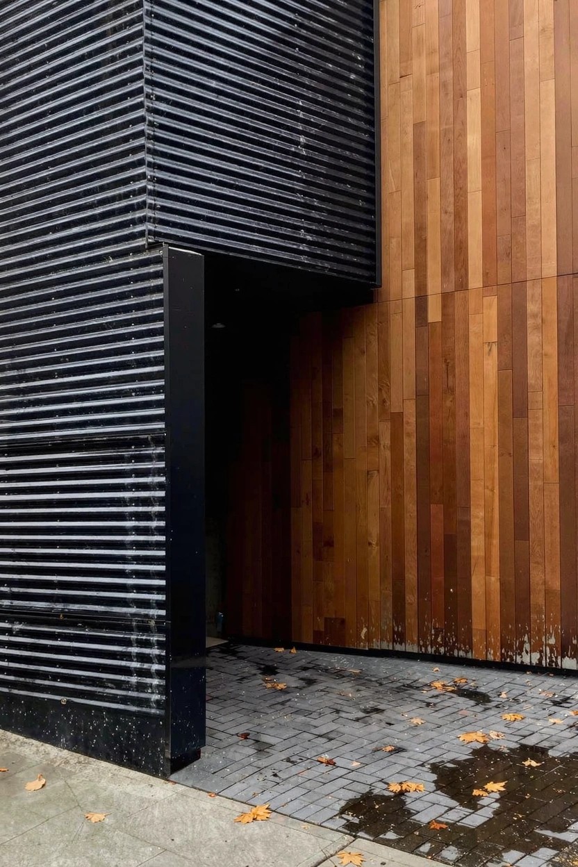 Exterior of modern home featuring deep charcoal gray slatted siding contrasted with warm horizontal wood cladding