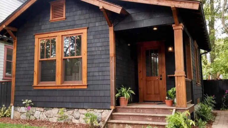 Craftsman-style home exterior featuring deep charcoal gray shingle siding paired with wood accents and stone base
