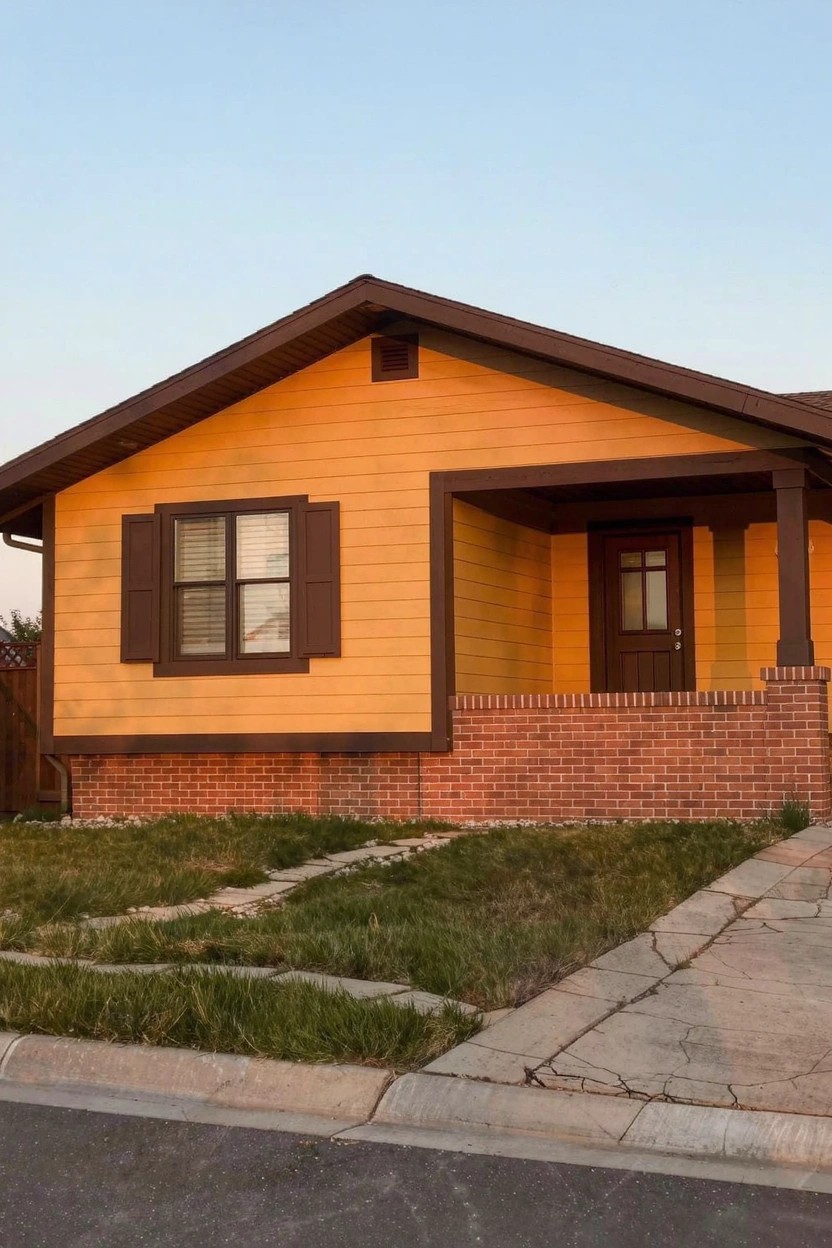 Cheerful mustard yellow house siding with brown trim and brick foundation
