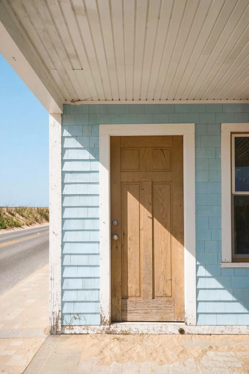 Pale blue shingle siding on house exterior with wooden door, white trim, and beach road nearby