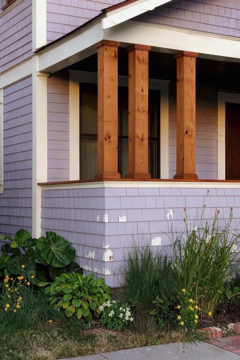 Soft pale lavender shingle siding on a house exterior with wooden porch posts, white trim, and front plantings